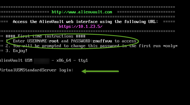 AlienVault splash screen with root name and randomly generated password.